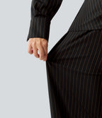 Boat Neck Long Sleeve Tie Side Cool Touch Stripe Work Jumpsuit with Pockets-Edition — Black Brown Black Pinstripe — view 7
