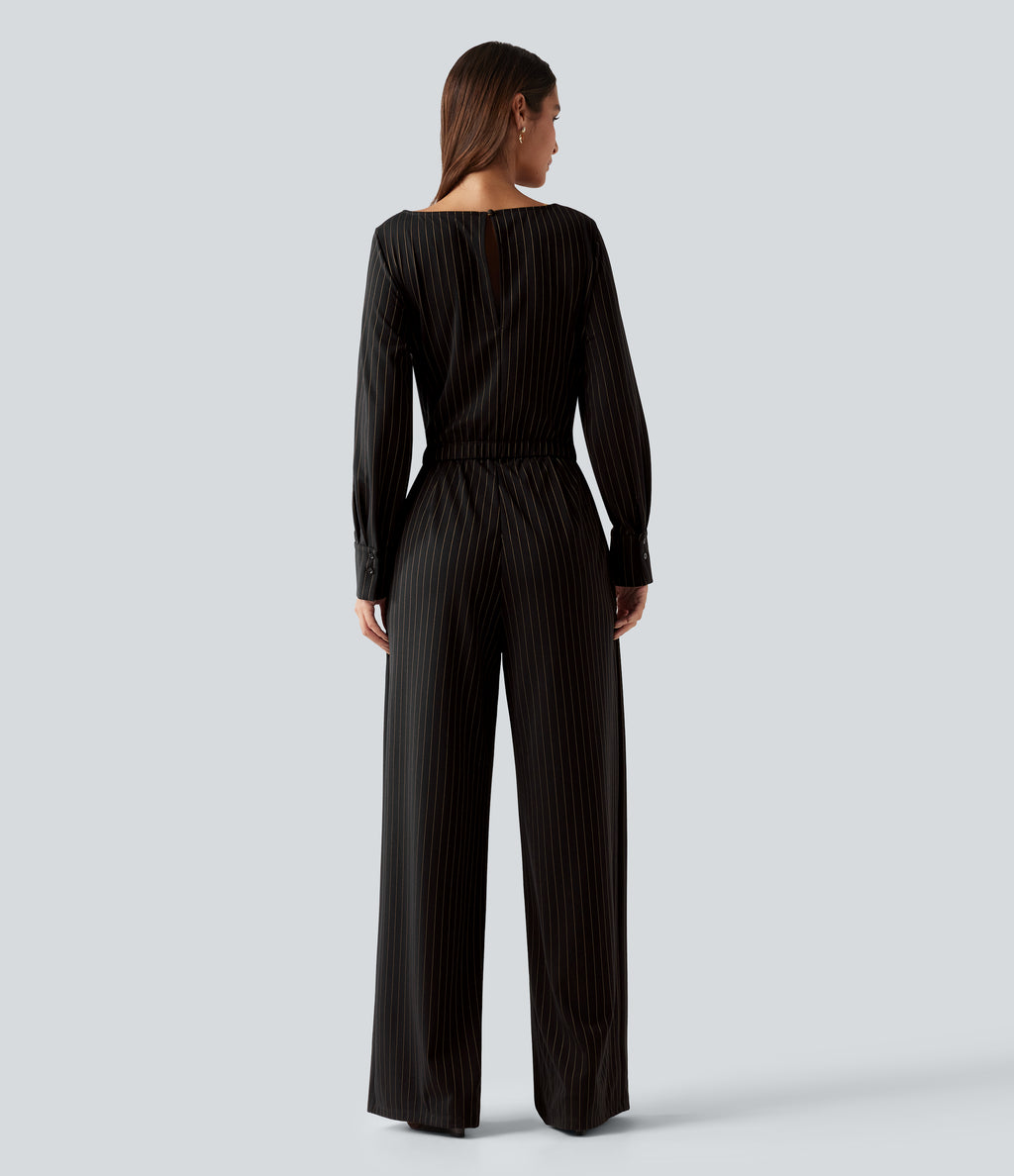 Boat Neck Long Sleeve Tie Side Cool Touch Stripe Work Jumpsuit with Pockets-Edition — Black Brown Black Pinstripe — view 2