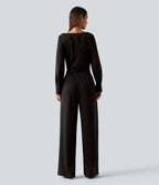 Boat Neck Long Sleeve Tie Side Cool Touch Stripe Work Jumpsuit with Pockets-Edition — Black Brown Black Pinstripe — view 2