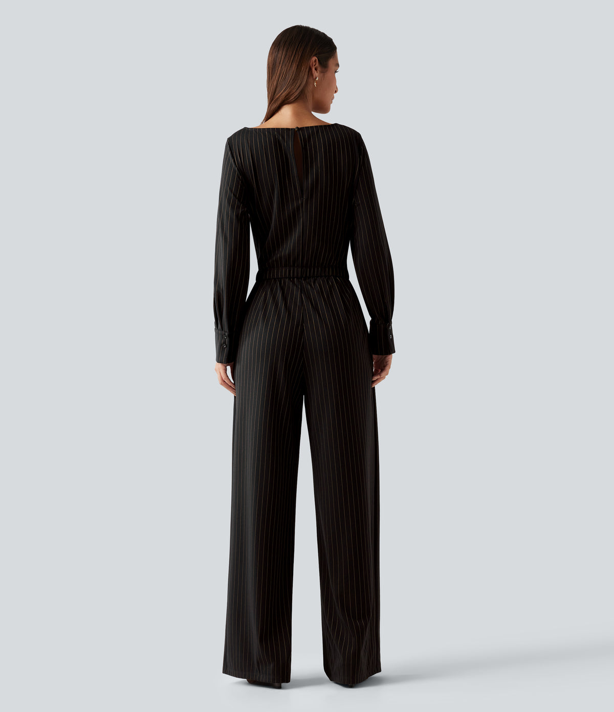 Boat Neck Long Sleeve Tie Side Cool Touch Stripe Work Jumpsuit with Pockets-Edition — Black Brown Black Pinstripe — view 2