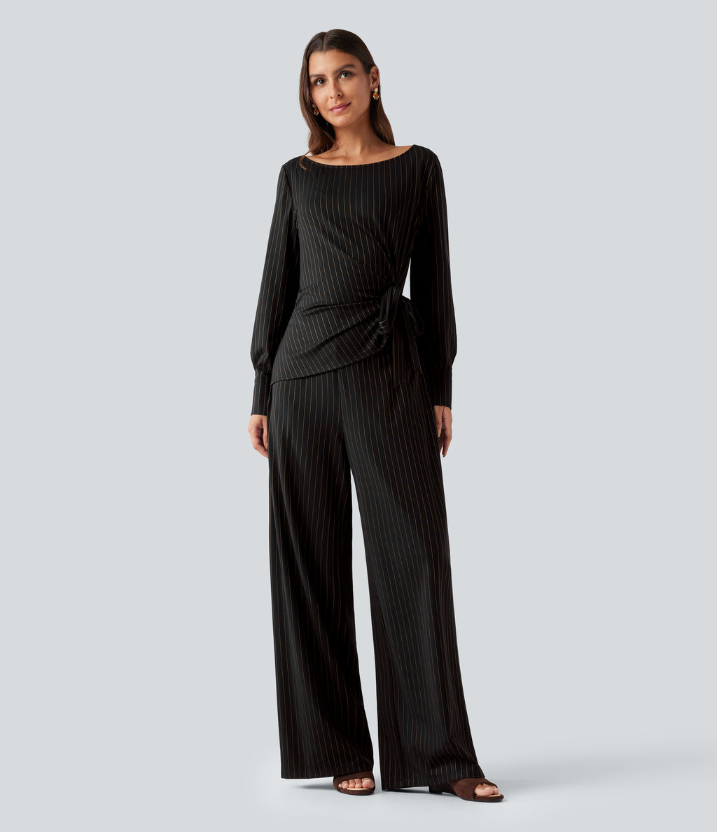 Boat Neck Long Sleeve Tie Side Cool Touch Stripe Work Jumpsuit with Pockets-Edition — Black Brown Black Pinstripe — view 3