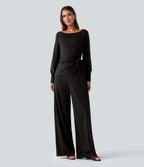 Boat Neck Long Sleeve Tie Side Cool Touch Stripe Work Jumpsuit with Pockets-Edition — Black Brown Black Pinstripe — view 3