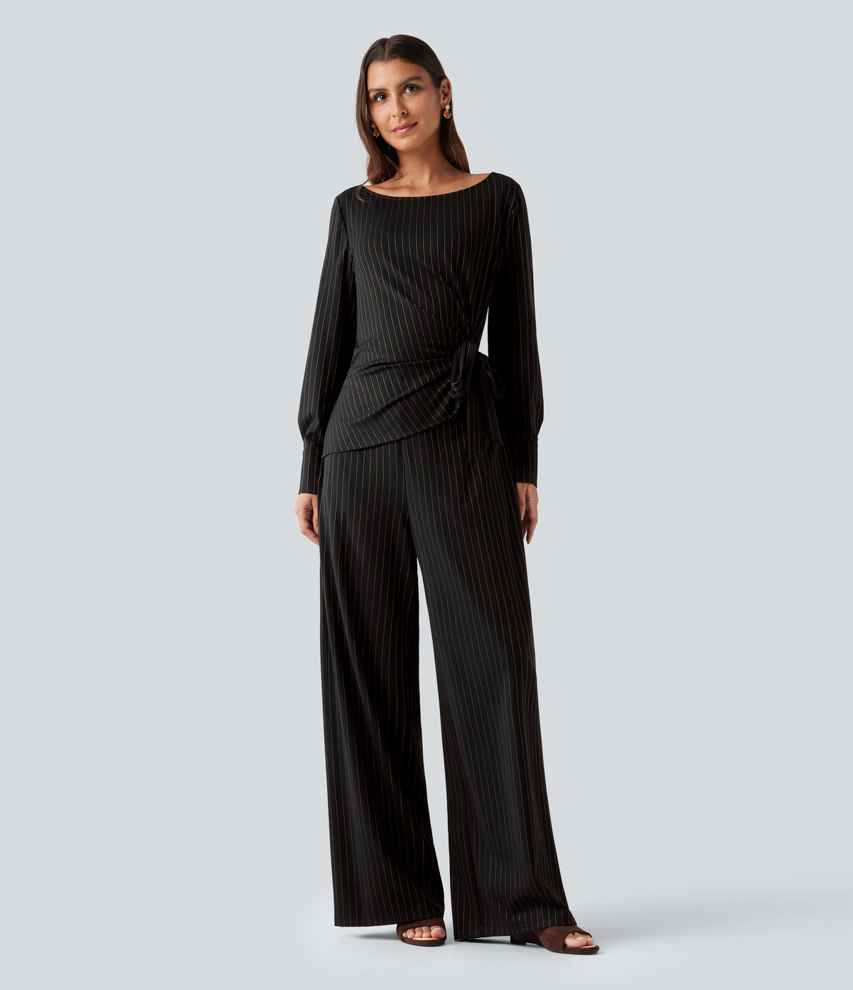 Boat Neck Long Sleeve Tie Side Cool Touch Stripe Work Jumpsuit with Pockets-Edition — Black Brown Black Pinstripe — view 3