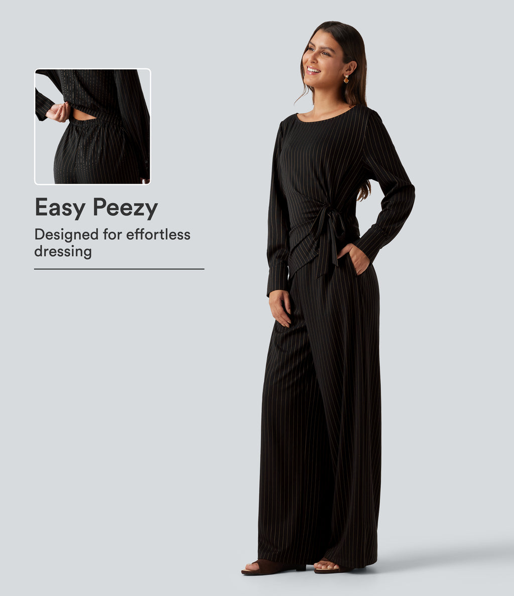 Boat Neck Long Sleeve Tie Side Cool Touch Stripe Work Jumpsuit with Pockets-Edition — Black Brown Black Pinstripe — view 1