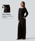 Boat Neck Long Sleeve Tie Side Cool Touch Stripe Work Jumpsuit with Pockets-Edition — Black Brown Black Pinstripe — view 1