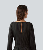 Boat Neck Long Sleeve Tie Side Cool Touch Stripe Work Jumpsuit with Pockets-Edition — Black Brown Black Pinstripe — view 4