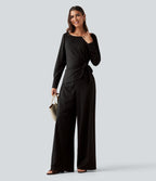 Boat Neck Long Sleeve Tie Side Cool Touch Stripe Work Jumpsuit with Pockets-Edition — Black Brown Black Pinstripe — view 8