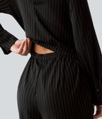 Boat Neck Long Sleeve Tie Side Cool Touch Stripe Work Jumpsuit with Pockets-Edition — Black Brown Black Pinstripe — view 5