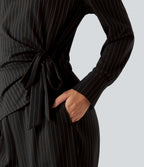 Boat Neck Long Sleeve Tie Side Cool Touch Stripe Work Jumpsuit with Pockets-Edition — Black Brown Black Pinstripe — view 6