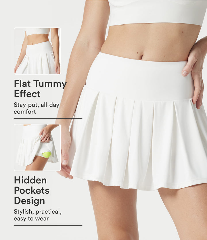 QuickDry Mid Rise Tummy Control Pleated 2-in-1 Mini Tennis Skirt with Pockets — White — view 1