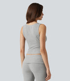 High Stretch Ribbed Knit Square Neck Contrast Lace Casual Tank Top — Fog Gray — view 2