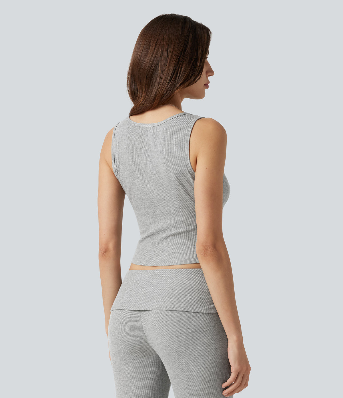 High Stretch Ribbed Knit Square Neck Contrast Lace Casual Tank Top — Fog Gray — view 2