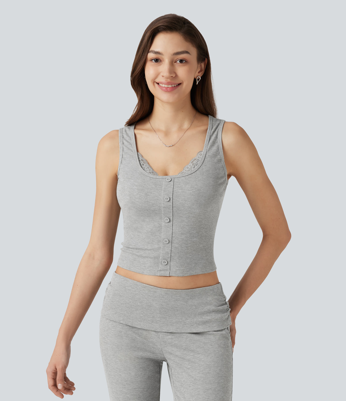 High Stretch Ribbed Knit Square Neck Contrast Lace Casual Tank Top — Fog Gray — view 4