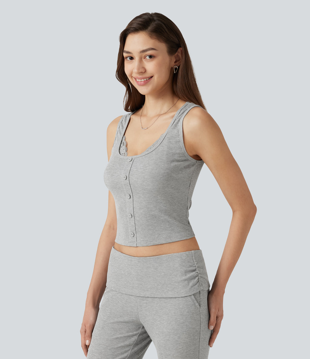 High Stretch Ribbed Knit Square Neck Contrast Lace Casual Tank Top — Fog Gray — view 3