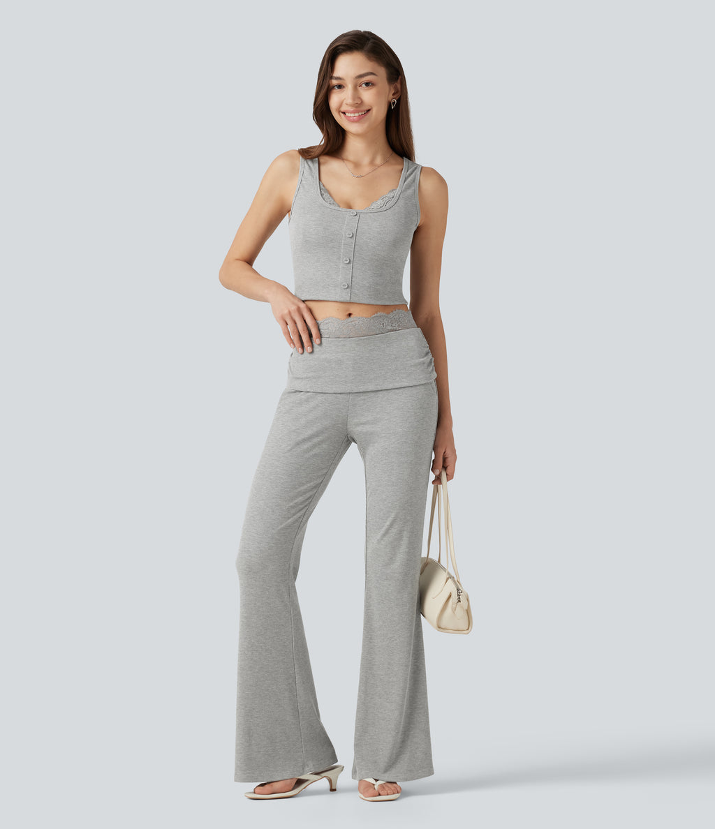 High Stretch Ribbed Knit Square Neck Contrast Lace Casual Tank Top — Fog Gray — view 7