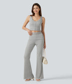 High Stretch Ribbed Knit Square Neck Contrast Lace Casual Tank Top — Fog Gray — view 7