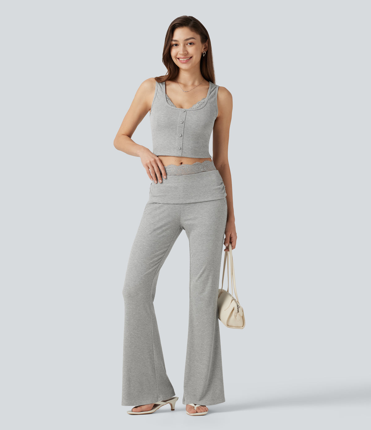 High Stretch Ribbed Knit Square Neck Contrast Lace Casual Tank Top — Fog Gray — view 7