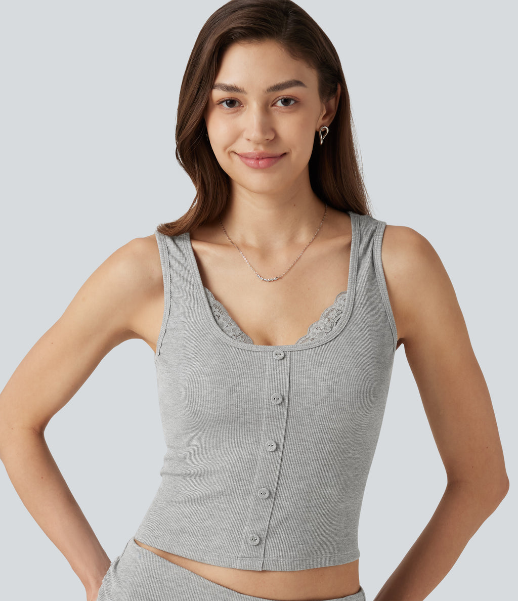 High Stretch Ribbed Knit Square Neck Contrast Lace Casual Tank Top — Fog Gray — view 1
