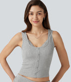 High Stretch Ribbed Knit Square Neck Contrast Lace Casual Tank Top — Fog Gray — view 1