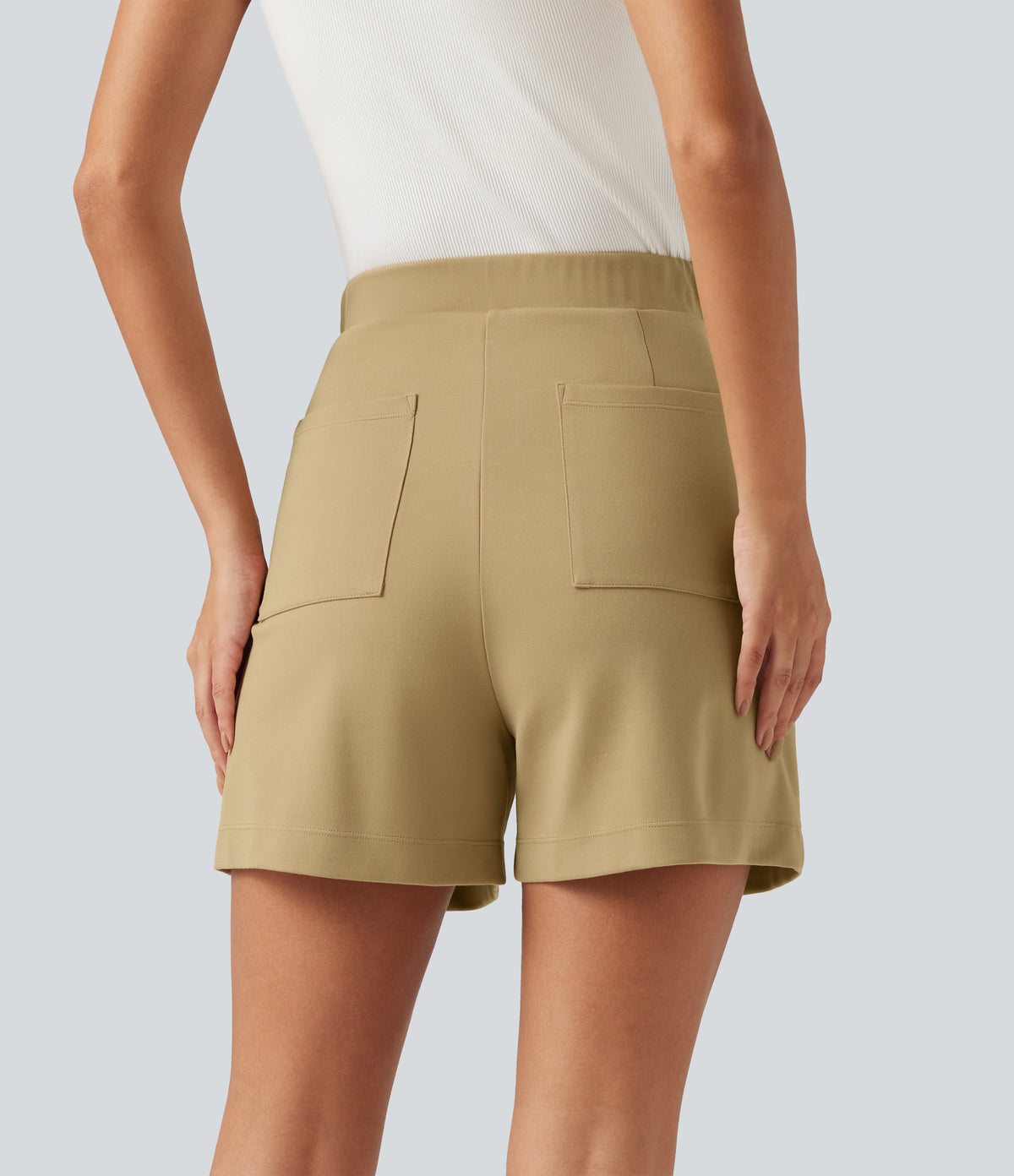 Super High Waisted Crossover Work Shorts 4'' with Pockets — Taos Taupe — view 2