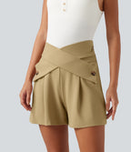 Super High Waisted Crossover Work Shorts 4'' with Pockets — Taos Taupe — view 4