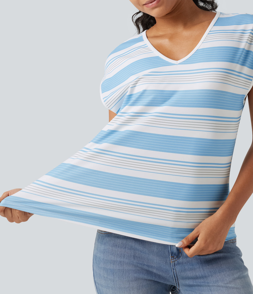V Neck Short Sleeve Stripe Casual T-Shirt — Salt Sky Stripe — view 5