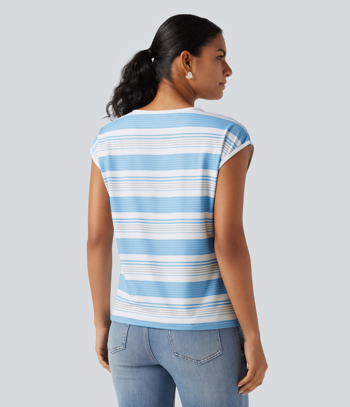 V Neck Short Sleeve Stripe Casual T-Shirt — Salt Sky Stripe — view 2