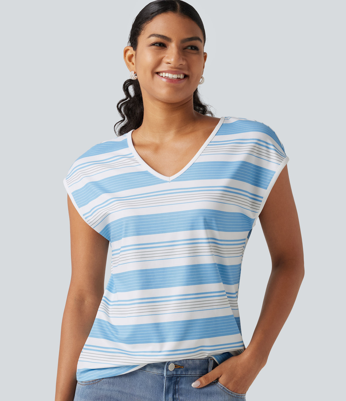 V Neck Short Sleeve Stripe Casual T-Shirt — Salt Sky Stripe — view 1
