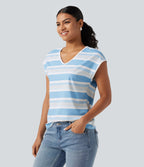 V Neck Short Sleeve Stripe Casual T-Shirt — Salt Sky Stripe — view 3