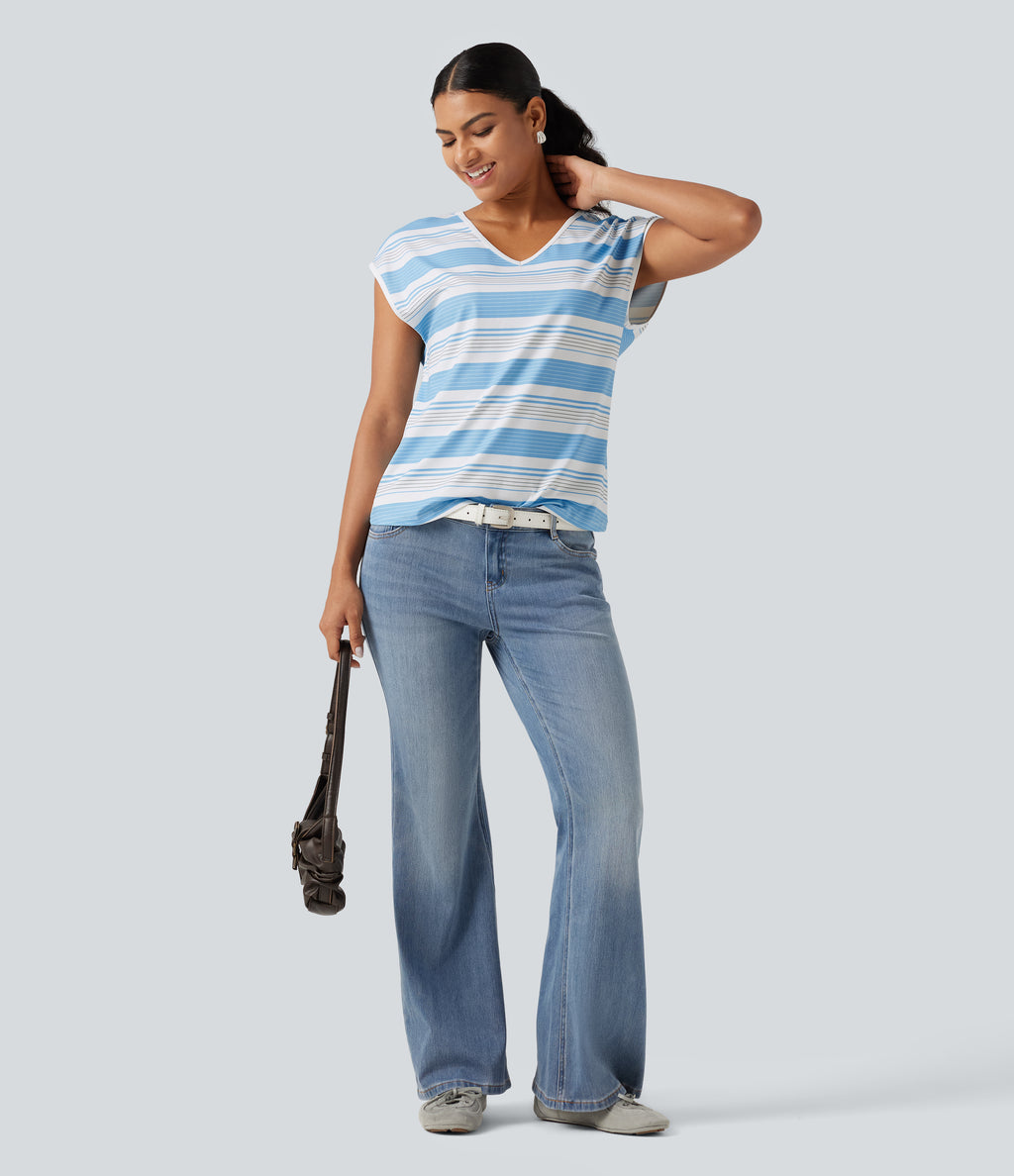 V Neck Short Sleeve Stripe Casual T-Shirt — Salt Sky Stripe — view 6