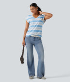 V Neck Short Sleeve Stripe Casual T-Shirt — Salt Sky Stripe — view 6