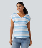 V Neck Short Sleeve Stripe Casual T-Shirt — Salt Sky Stripe — view 4