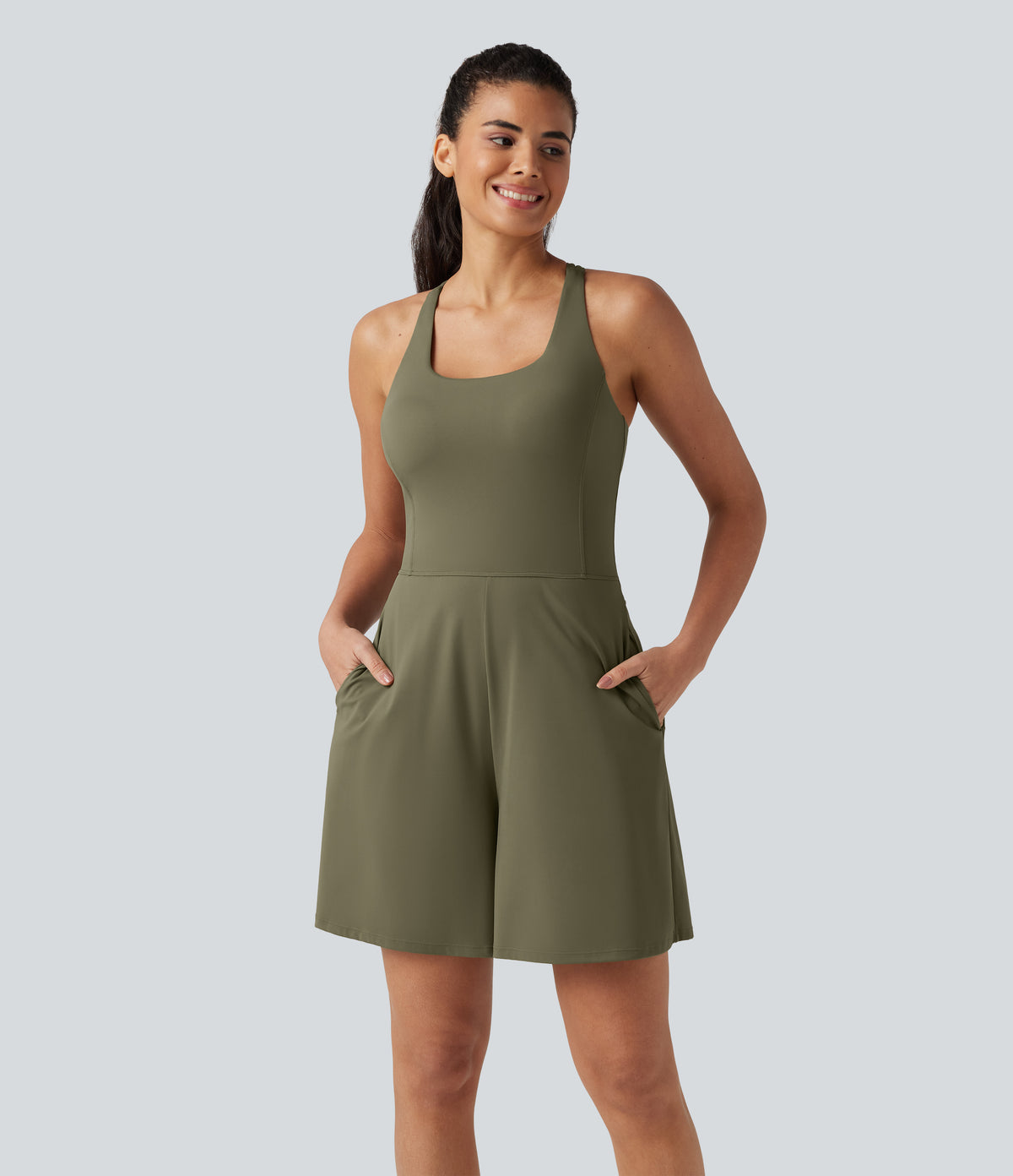 Airy U Neck Built-in Bra Cool Touch Workout Playsuit with Pockets-Edition — Withered Green — view 2