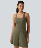 Airy U Neck Built-in Bra Cool Touch Workout Playsuit with Pockets-Edition — Withered Green — view 6
