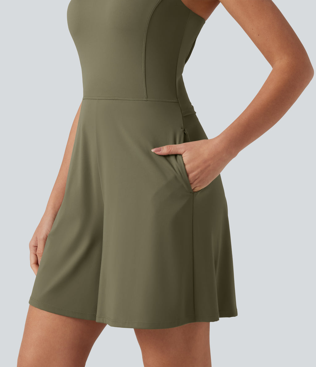 Airy U Neck Built-in Bra Cool Touch Workout Playsuit with Pockets-Edition — Withered Green — view 7