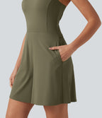 Airy U Neck Built-in Bra Cool Touch Workout Playsuit with Pockets-Edition — Withered Green — view 7