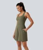 Airy U Neck Built-in Bra Cool Touch Workout Playsuit with Pockets-Edition — Withered Green — view 3