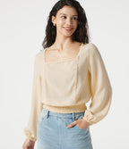 Square Neck Tie-back Bishop Sleeve Lace Panel Shirred Casual Linen-Feel Blouse — White Swan — view 1