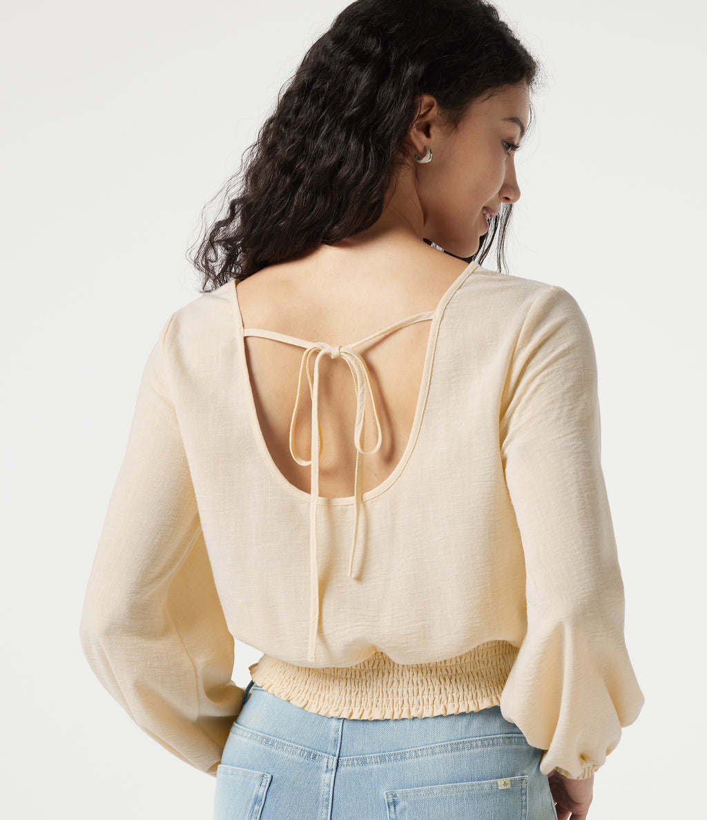 Square Neck Tie-back Bishop Sleeve Lace Panel Shirred Casual Linen-Feel Blouse — White Swan — view 5