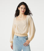 Square Neck Tie-back Bishop Sleeve Lace Panel Shirred Casual Linen-Feel Blouse — White Swan — view 4