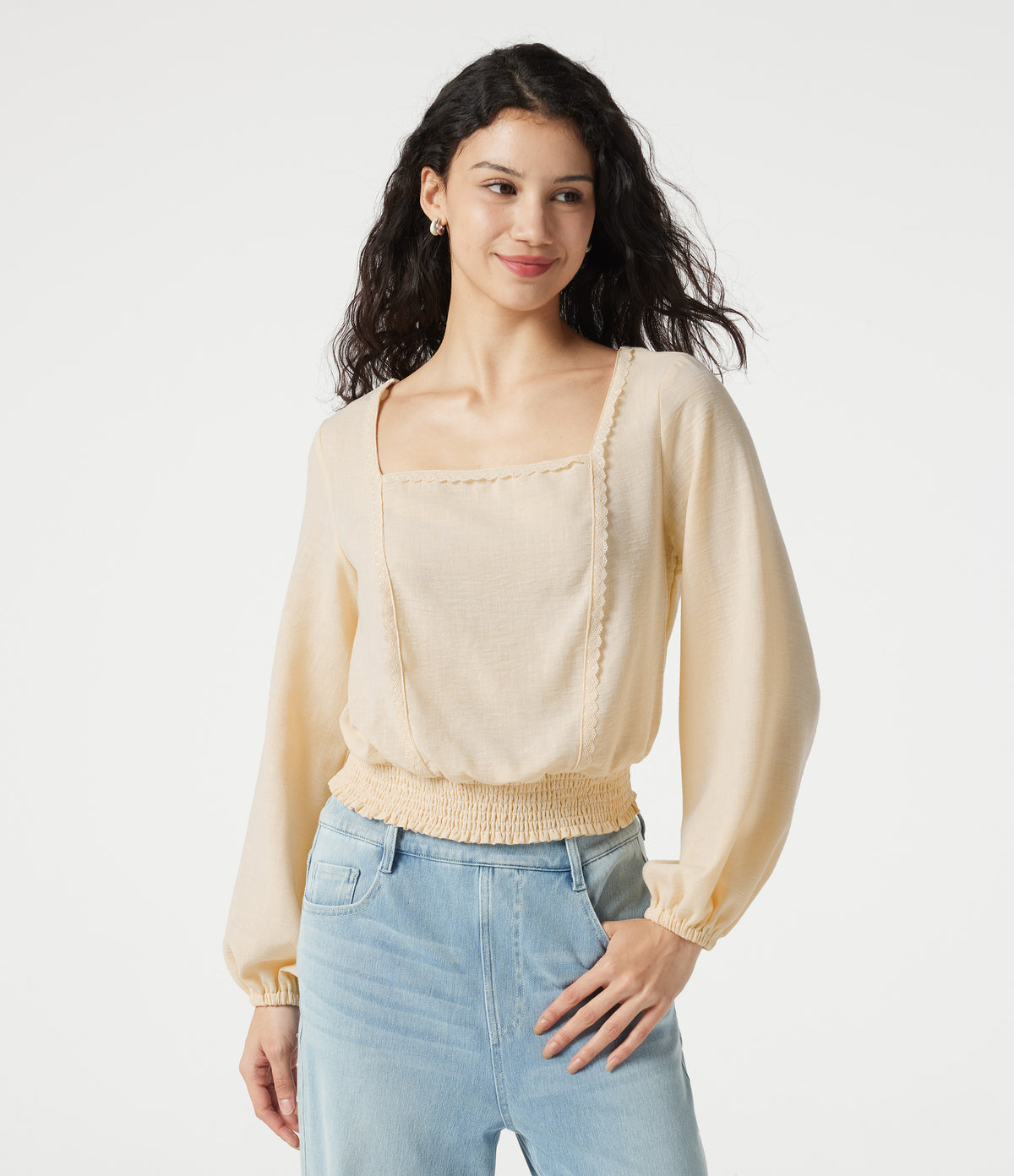 Square Neck Tie-back Bishop Sleeve Lace Panel Shirred Casual Linen-Feel Blouse — White Swan — view 4