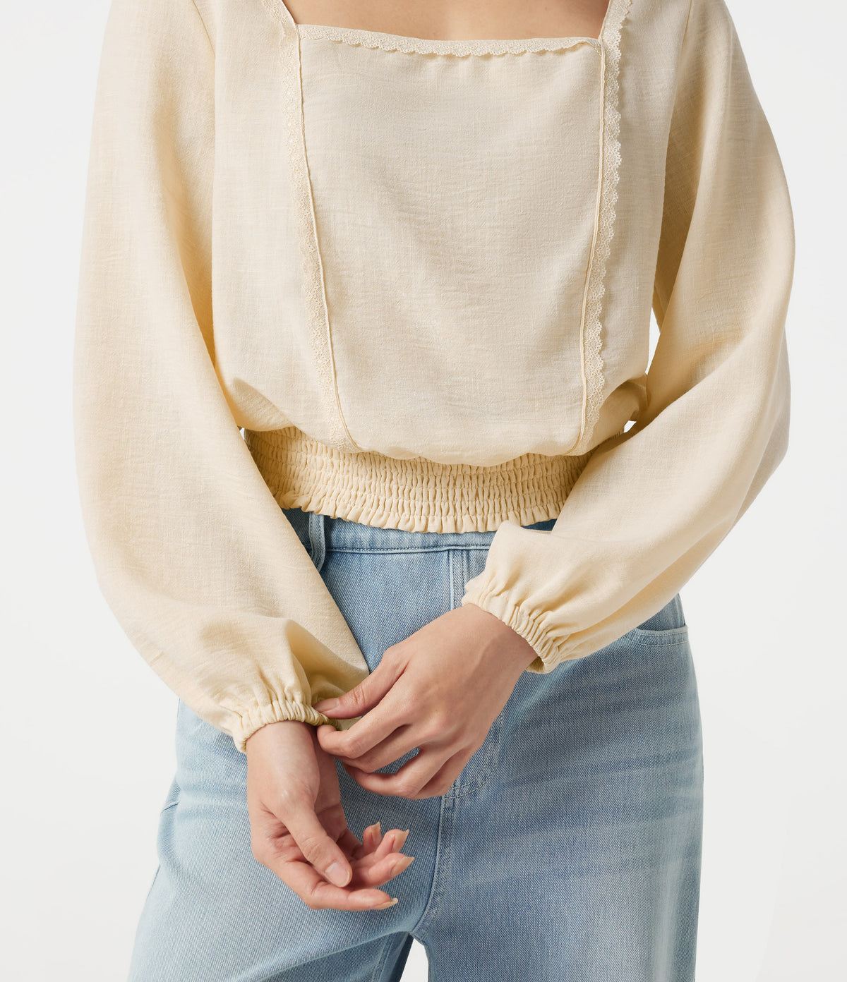 Square Neck Tie-back Bishop Sleeve Lace Panel Shirred Casual Linen-Feel Blouse — White Swan — view 6