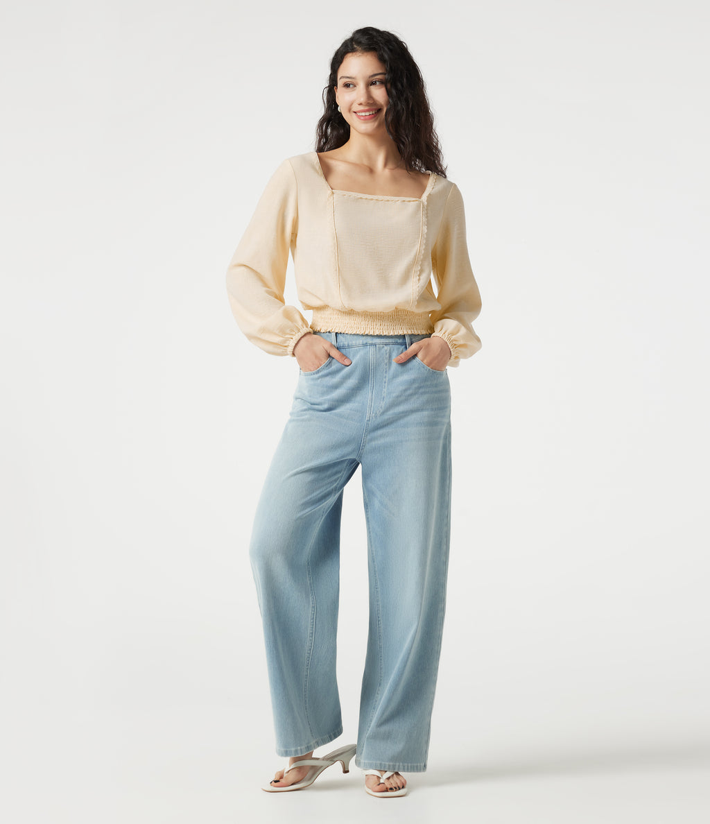 Square Neck Tie-back Bishop Sleeve Lace Panel Shirred Casual Linen-Feel Blouse — White Swan — view 7