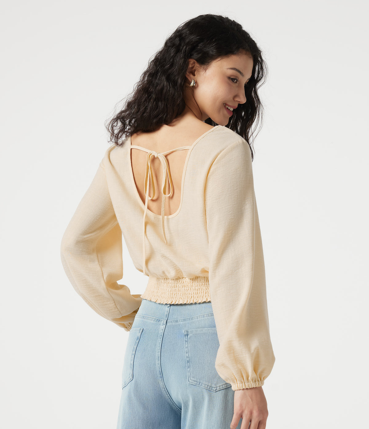 Square Neck Tie-back Bishop Sleeve Lace Panel Shirred Casual Linen-Feel Blouse — White Swan — view 2