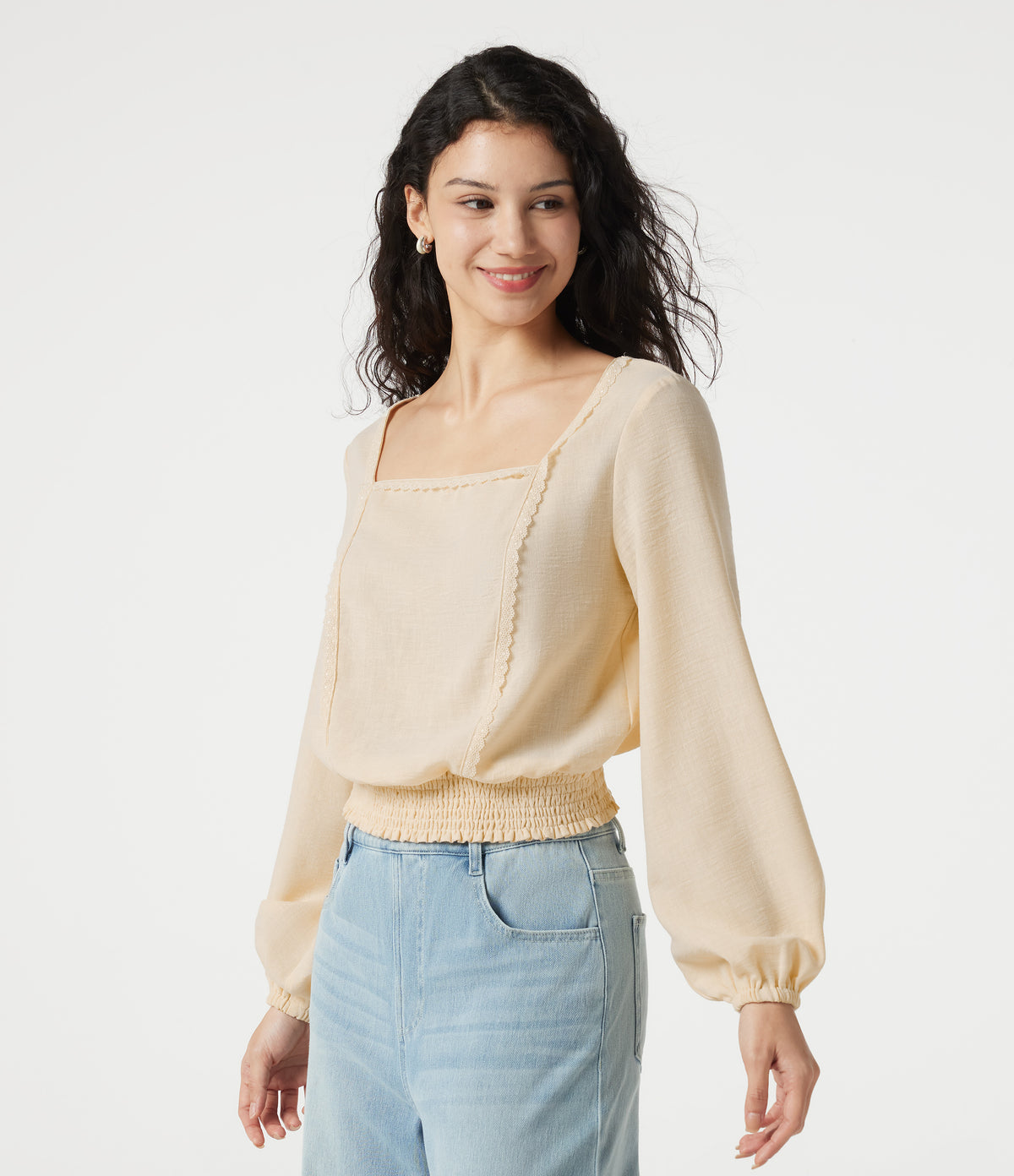 Square Neck Tie-back Bishop Sleeve Lace Panel Shirred Casual Linen-Feel Blouse — White Swan — view 3