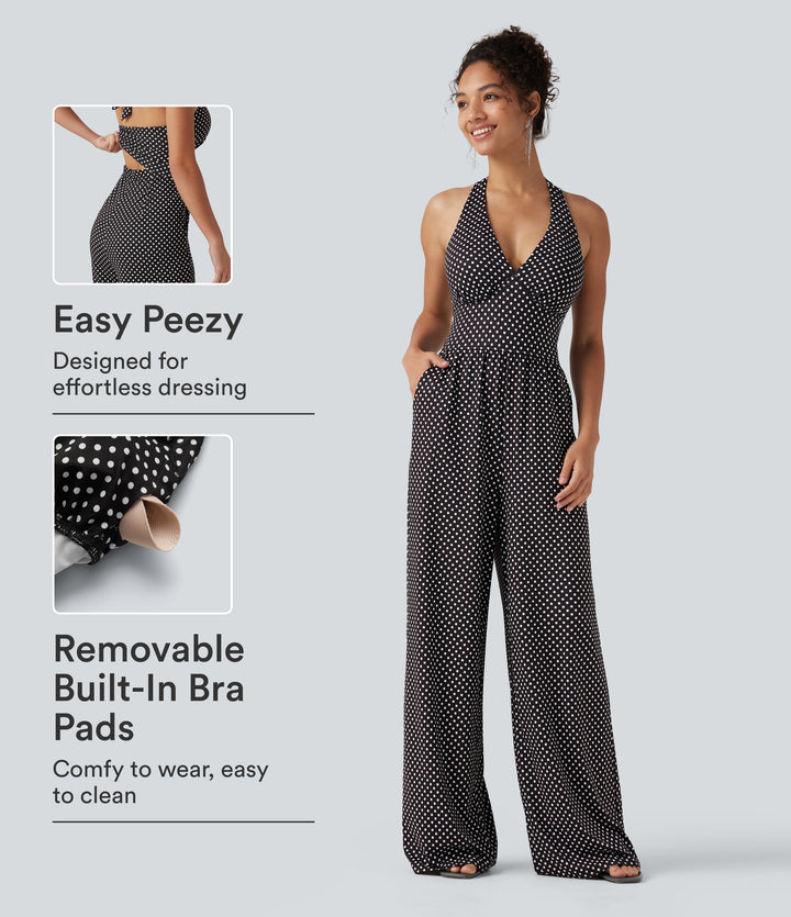 Halter Sleeveless Backless Built-in Bra Polka Dot Print Resort Jumpsuit with Pockets — Midnight Dots — view 1