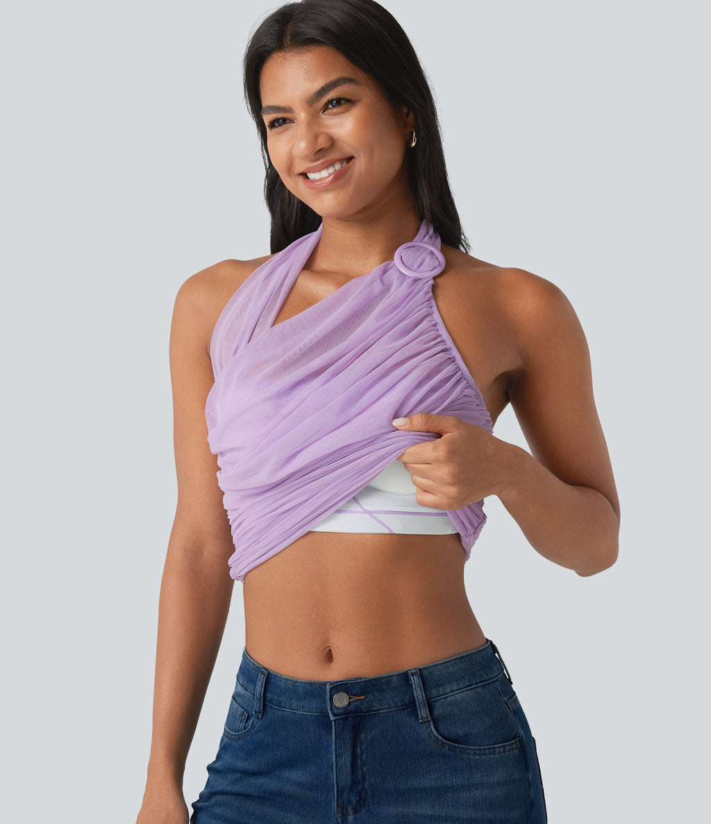 Halter Backless Ruched Mesh Overlay Built-in Bra Resort Tank Top — Milky Purple — view 5