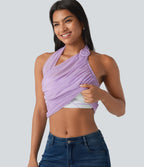 Halter Backless Ruched Mesh Overlay Built-in Bra Resort Tank Top — Milky Purple — view 5