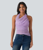 Halter Backless Ruched Mesh Overlay Built-in Bra Resort Tank Top — Milky Purple — view 3