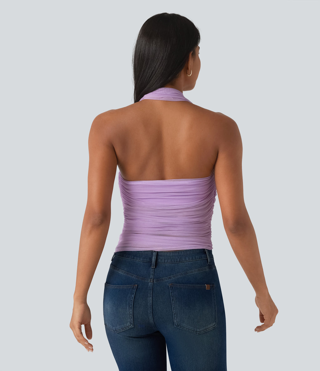 Halter Backless Ruched Mesh Overlay Built-in Bra Resort Tank Top — Milky Purple — view 2